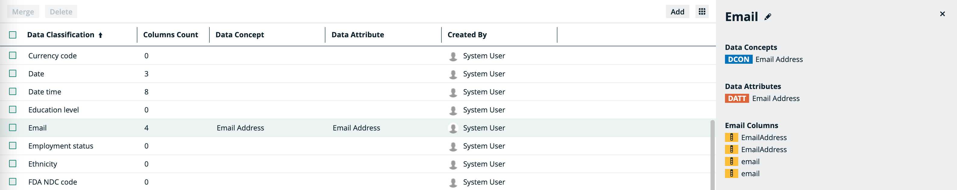 Example of data classification side pane