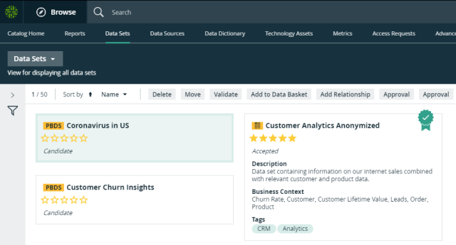 Select Data Set to display the possible actions