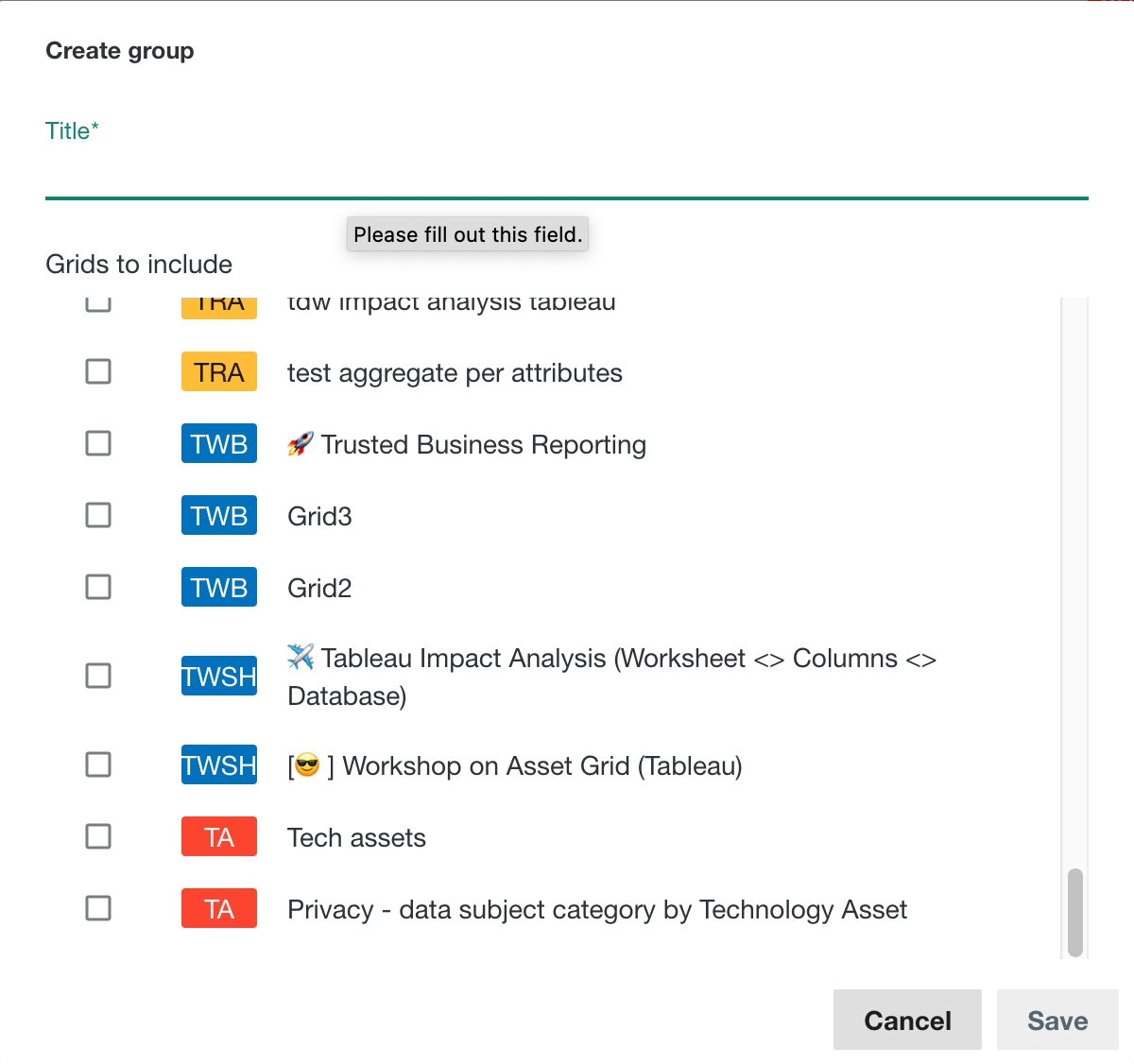 The window to create an asset grid group