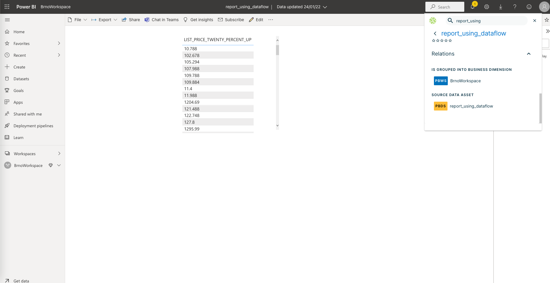 Browser extension showing PowerBI report information
