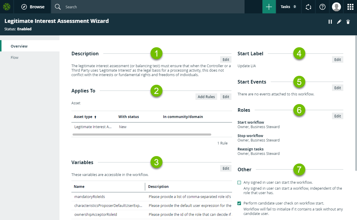 Overview of a Collibra workflow definiotion settings page