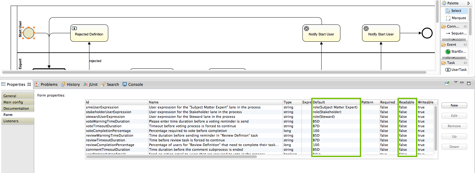 Workflow configuration variables for the Approval workflow in Eclipse BPMN Designer