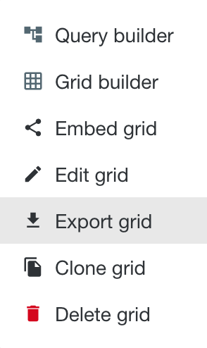 Grid menu Export grid highlighted