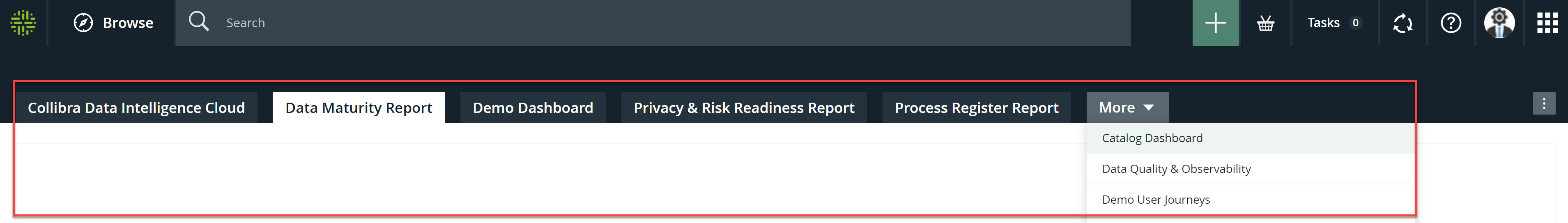 Dashboard bar and More menu showing dashboards