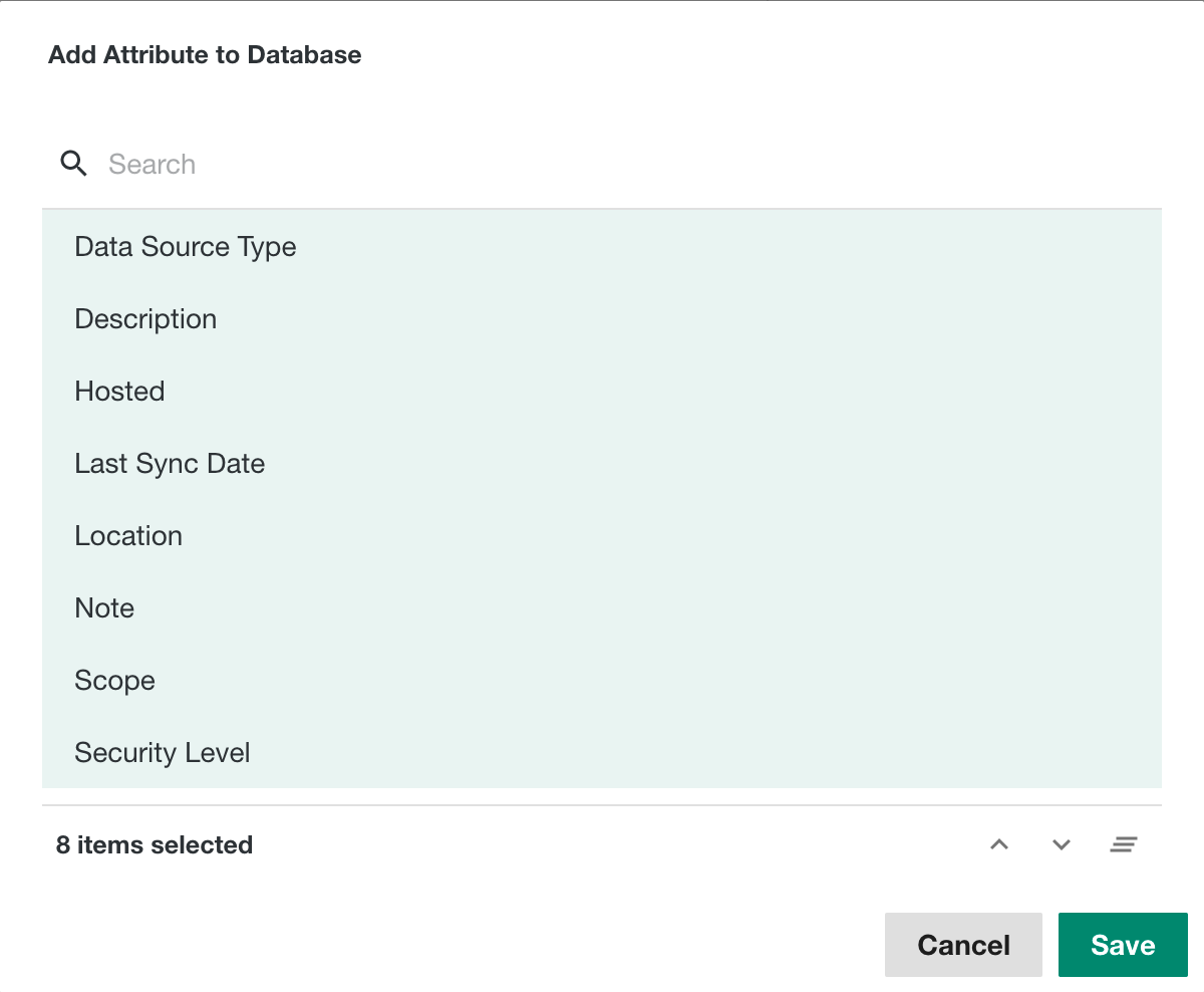 Attributes selection for a database asset type
