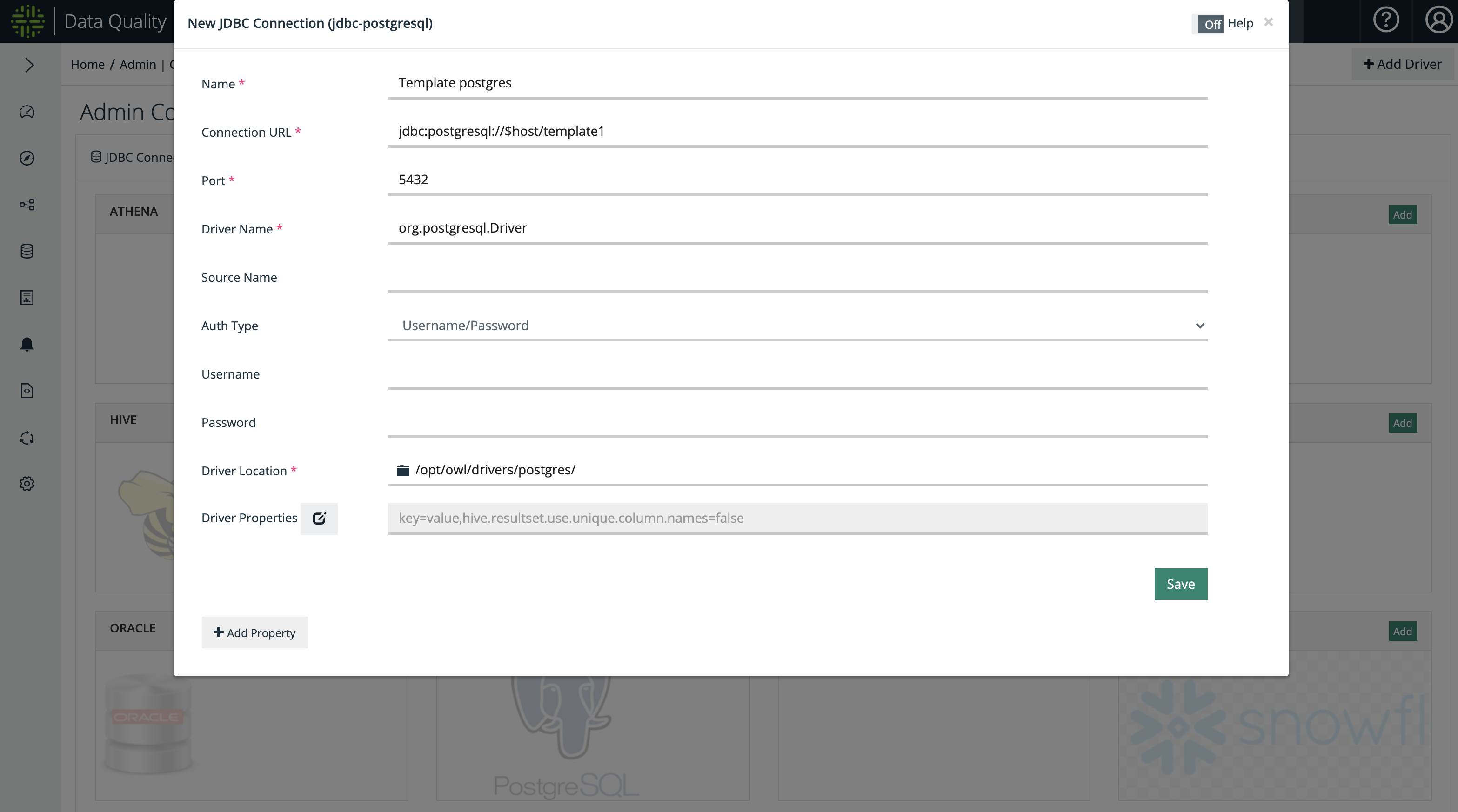 Fig 4: Template Postgres connection creation modal