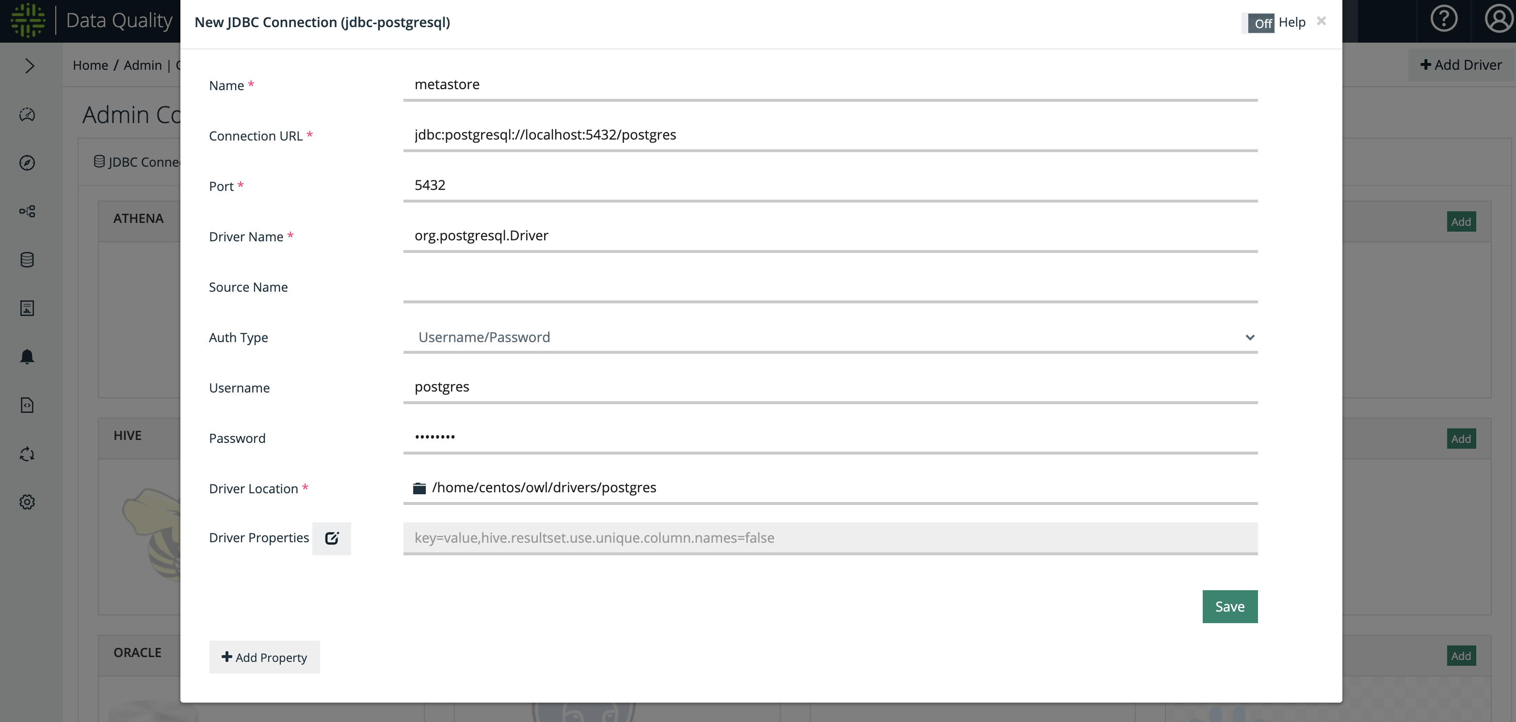 Fig 6: Connection settings to connect to database named "postgres" in Postgres server "localhost" exposed via port 5432