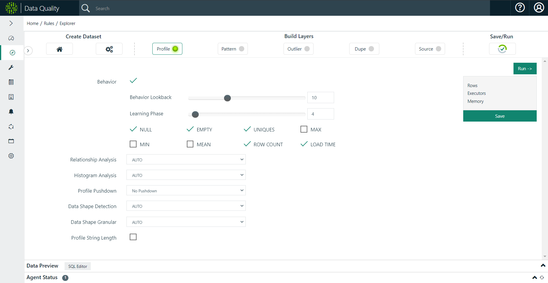 setting up a data set profile