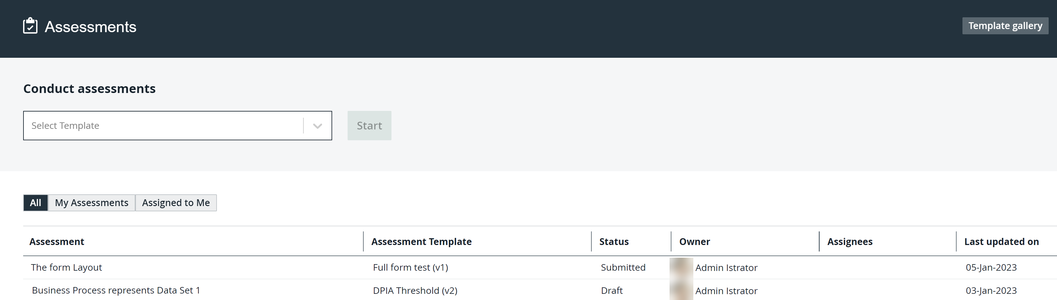 Assessments landing page