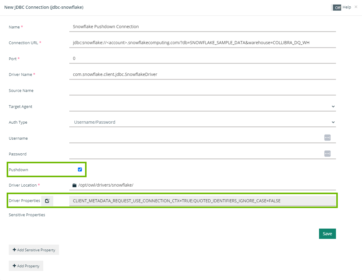 screenshot of a sample snowflake pushdown connection with "pushdown" and "driver properties" highlighted
