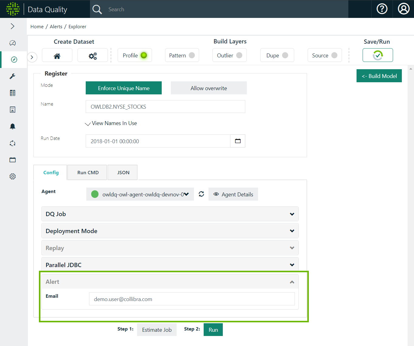 setting an email alert for a dataset