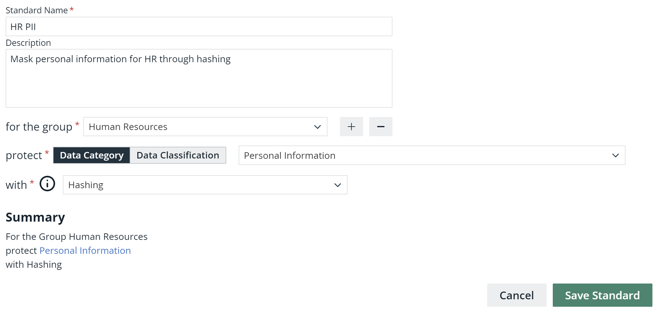 Create a Data Protection Standard dialog box