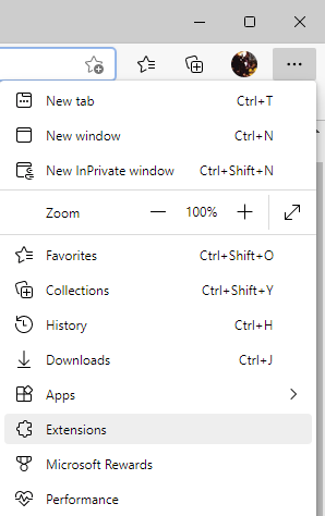 Open extensions in Microsoft Edge