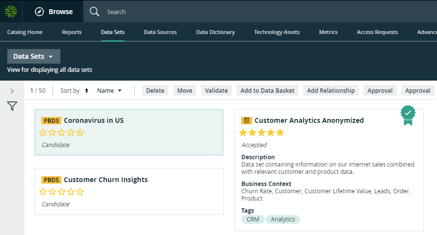 Select Data Set to display the possible actions
