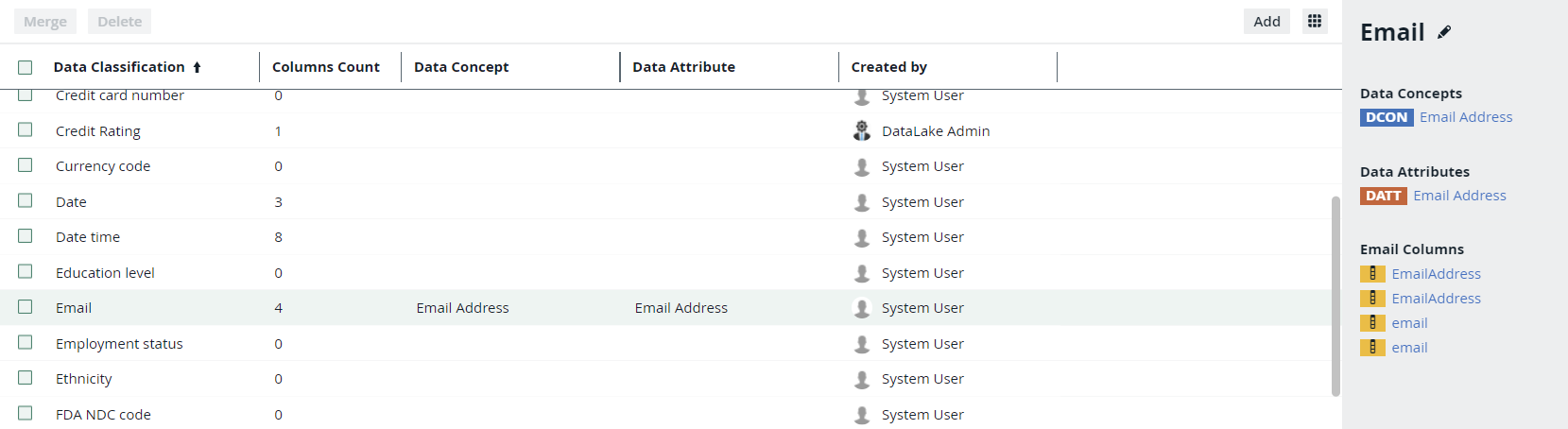 Example of data classification side pane