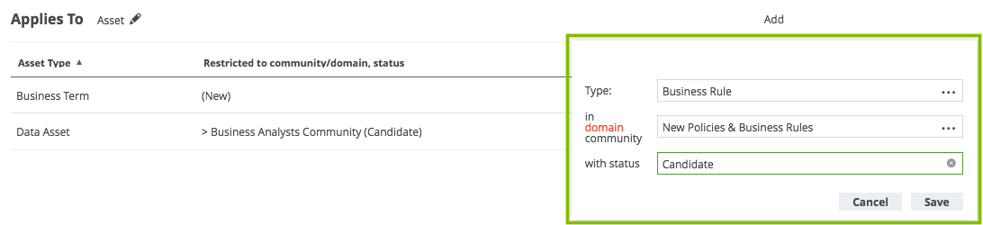 Collibra workflow restriction rules dialog box in the workflow scope section, on the workflow definition page