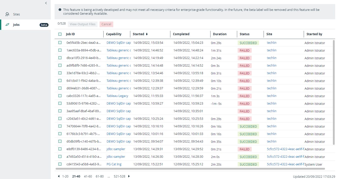 Overview page of all jobs that are executed on Edge