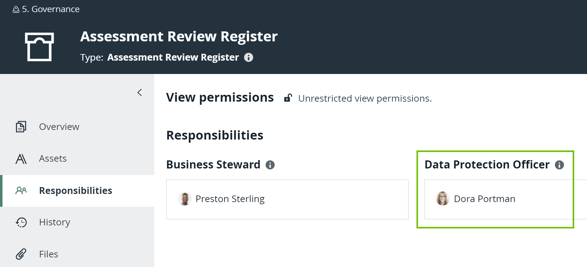 Responsibilities tab of the Assessment Review Register domain Responsibilities tab of the Assessment Review Register domain