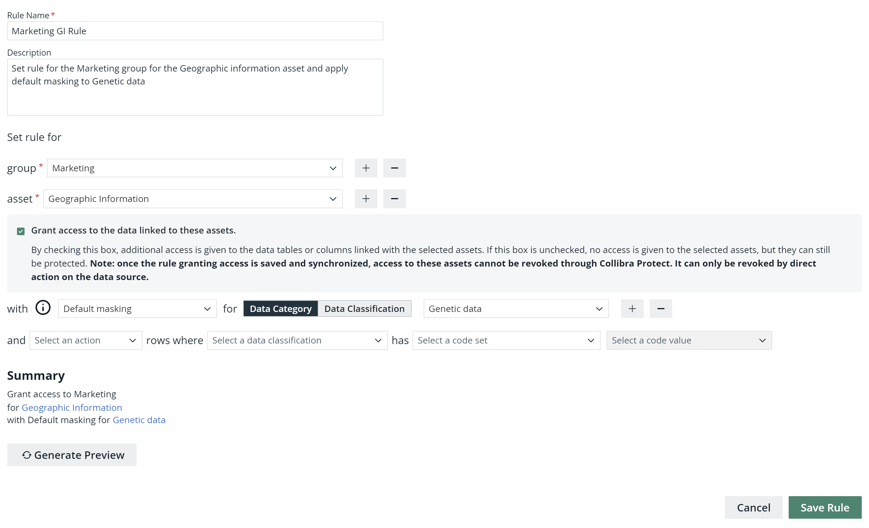 Create a Data Access Rule dialog box