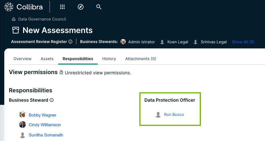 Responsibilities tab of the Assessment Review Register domain