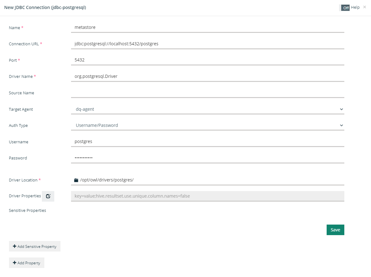Fig 6: Connection settings to connect to database named "postgres" in Postgres server "localhost" exposed via port 5432