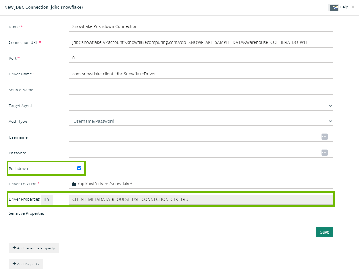 screenshot of a sample snowflake pushdown connection with "pushdown" and "driver properties" highlighted