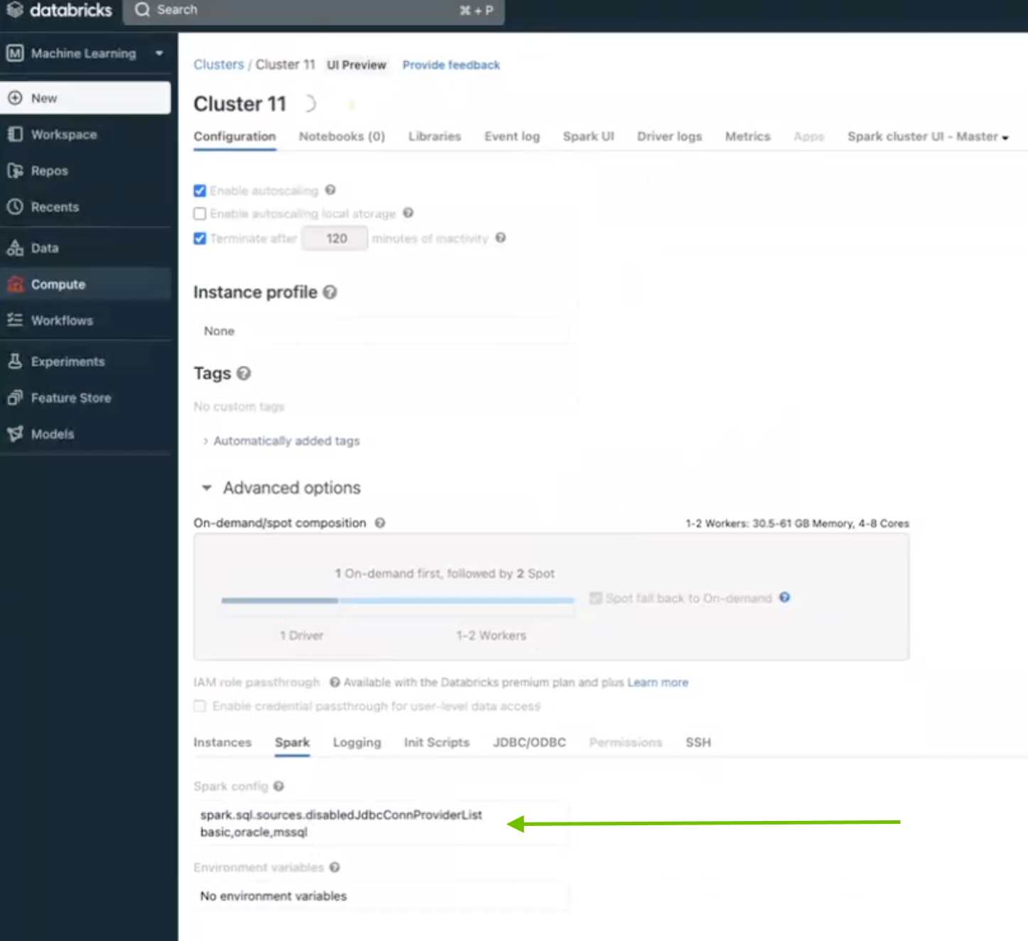 updating the databricks cluster spark config