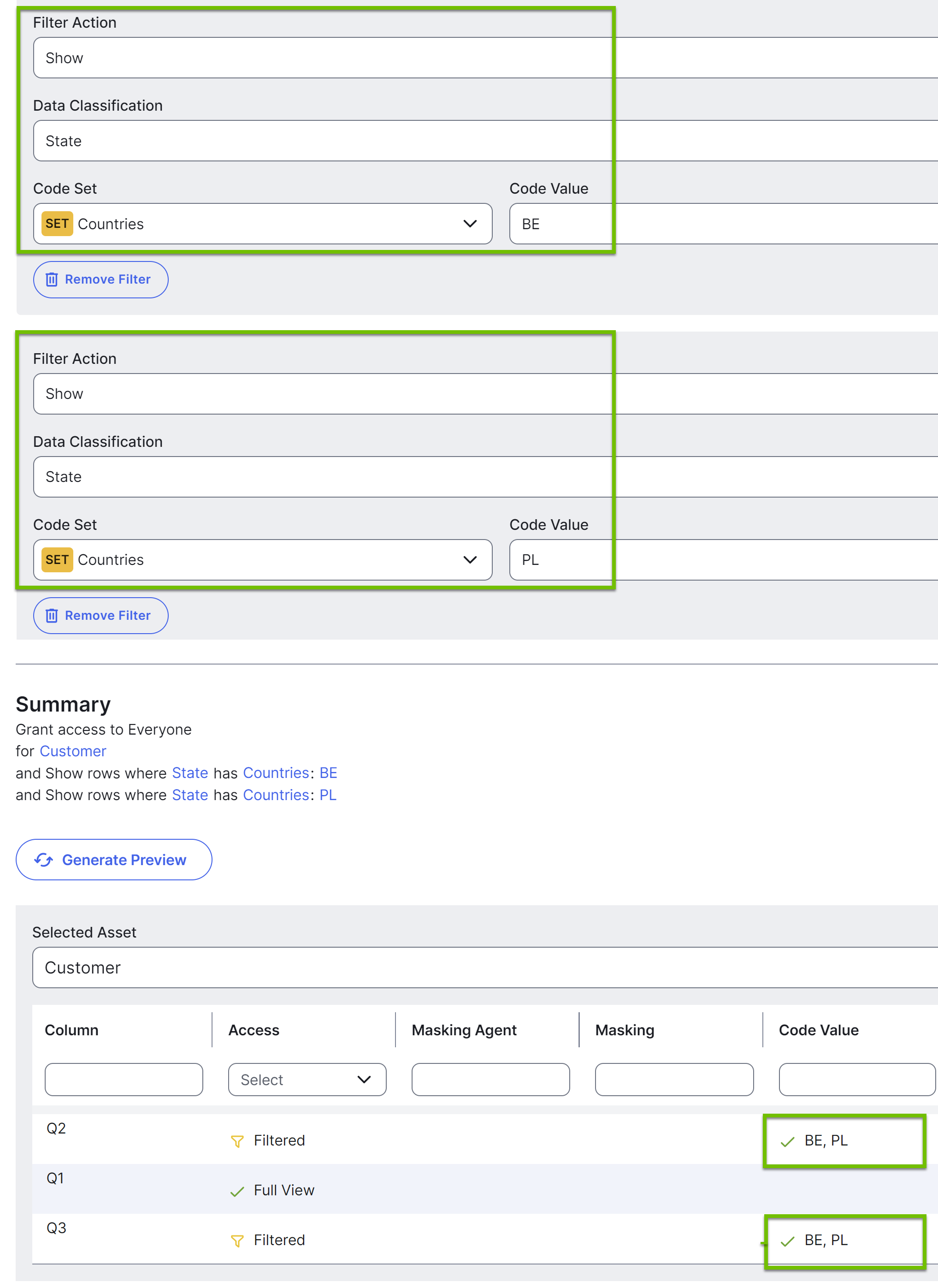Image of the Data Access Rule dialog box showing acceptable row filters
