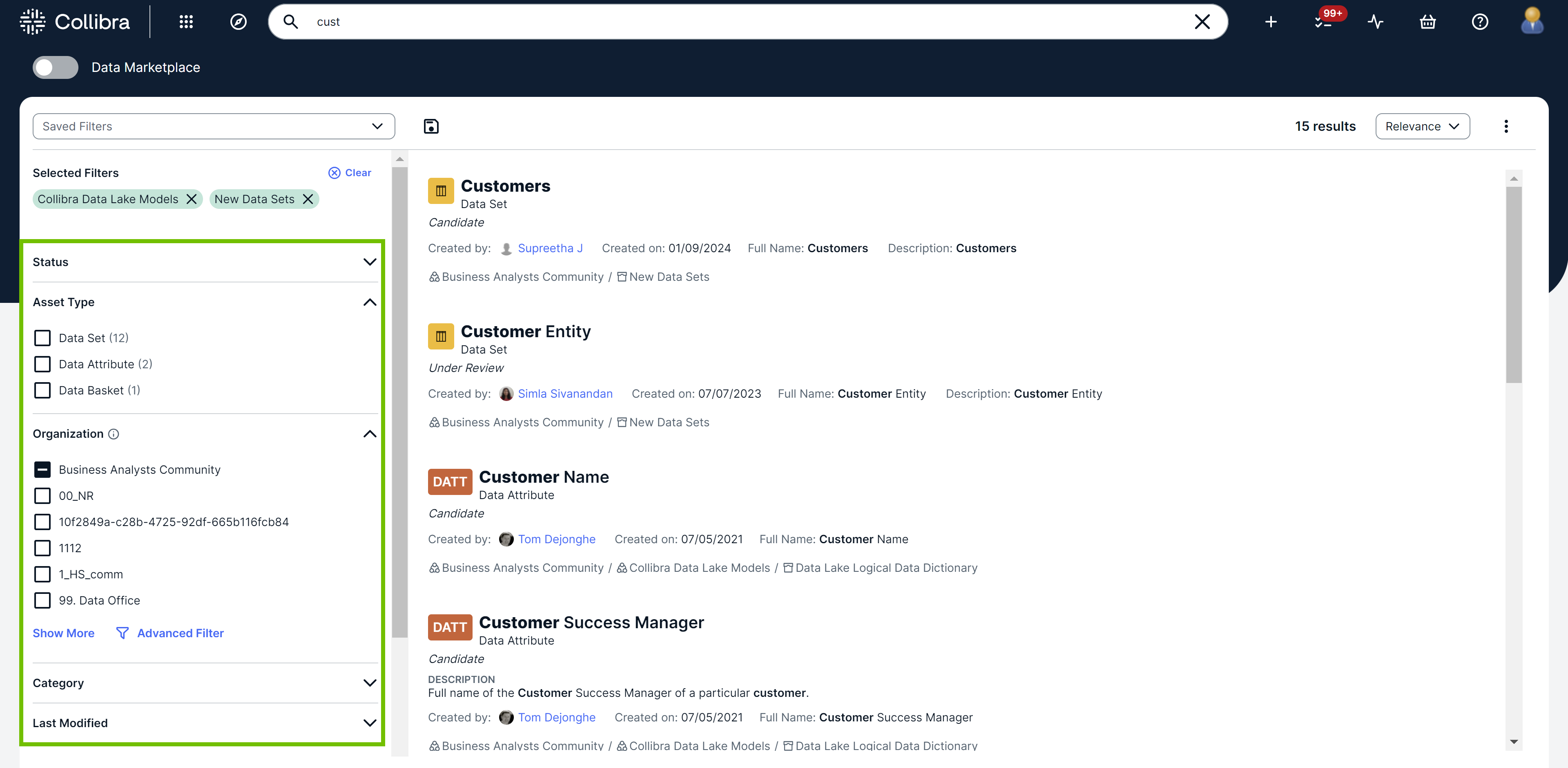 Image of the facet pane