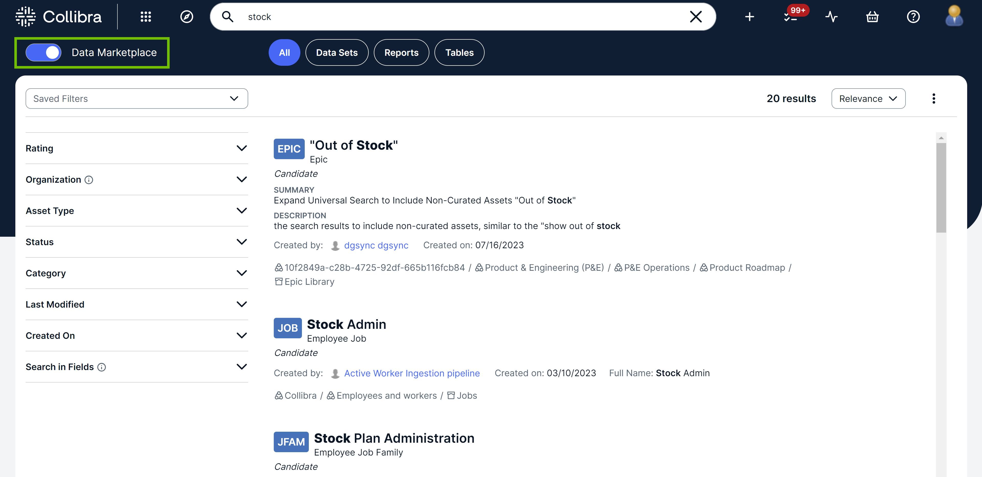 Search page when the Data Marketplace option is selected Image of the search page when the Data Marketplace option is selected