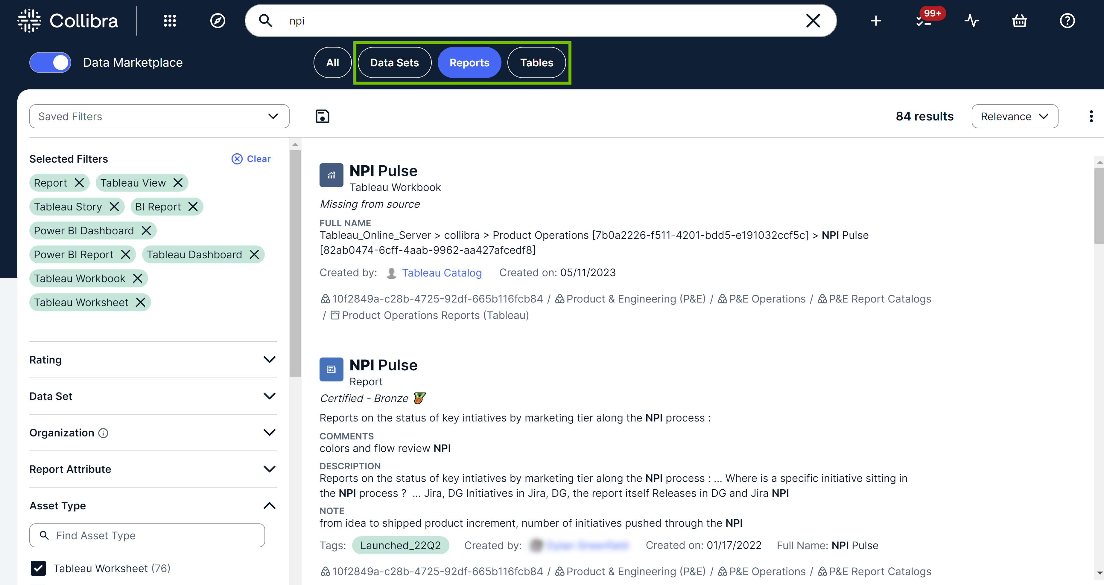 Image of the search results when the Report quick filter is applied