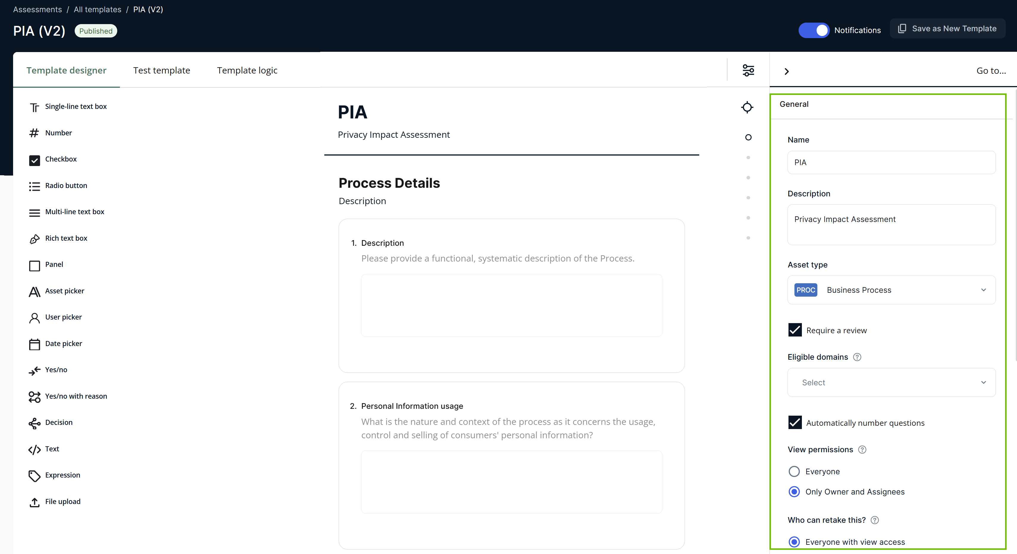 Image of template settings
