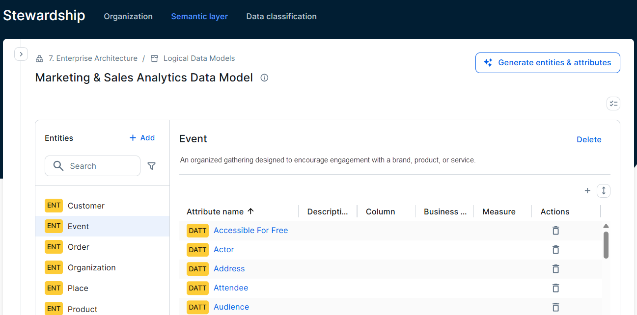 Image of the semantic models page where a semantic model has been selected
