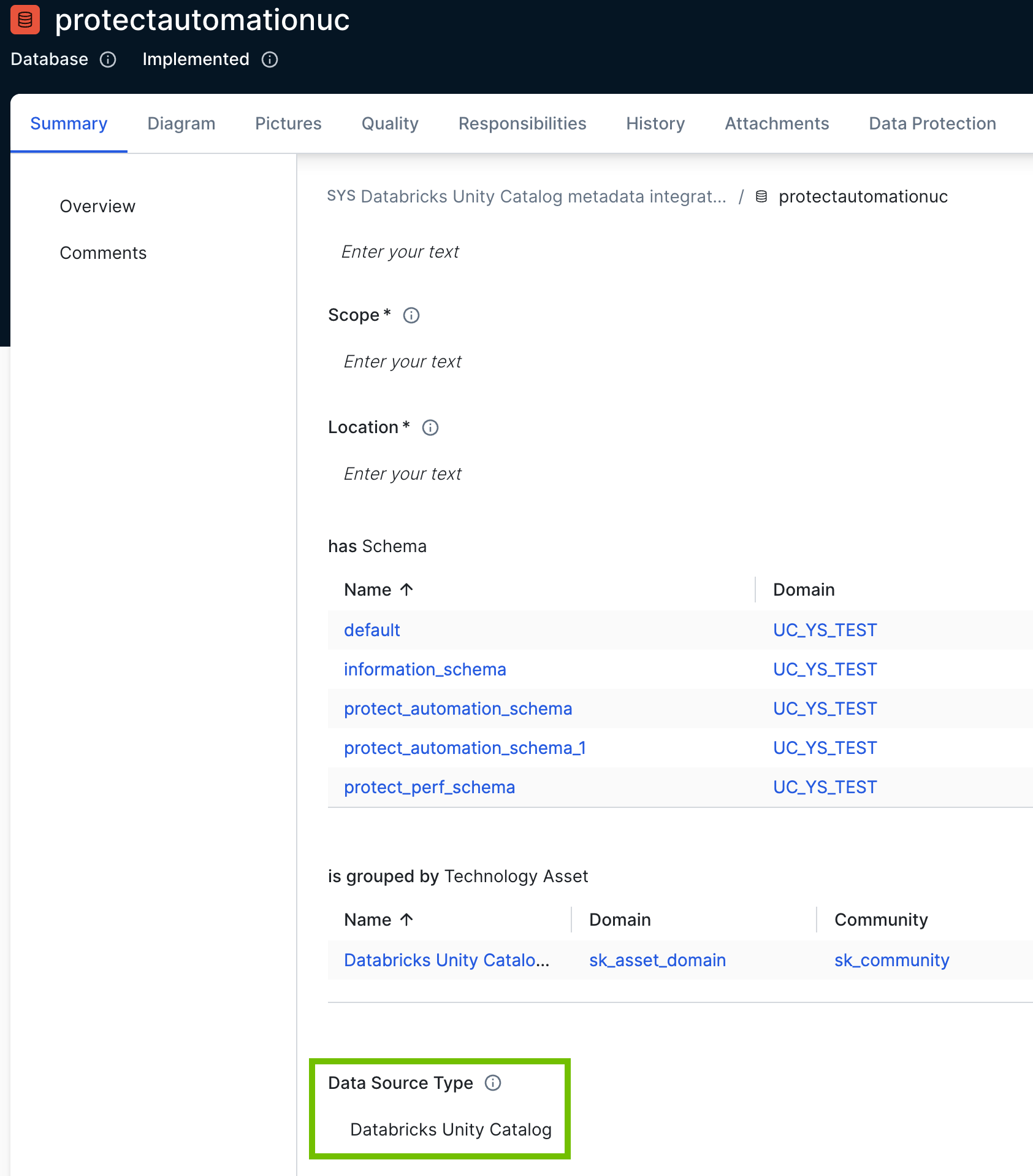 Ingested Databricks database with Databricks Unity Catalog data source type