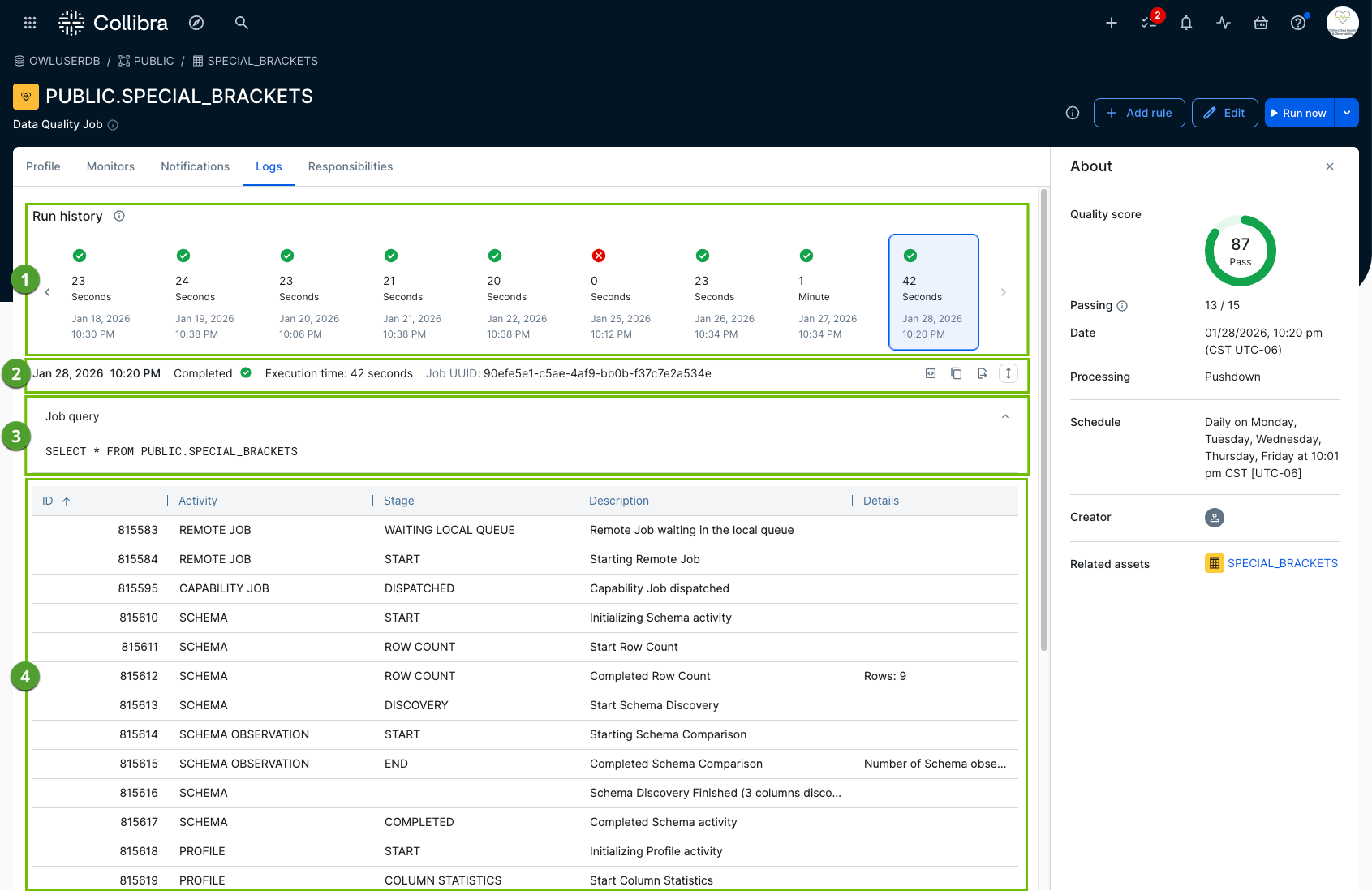 screenshot of logs tab