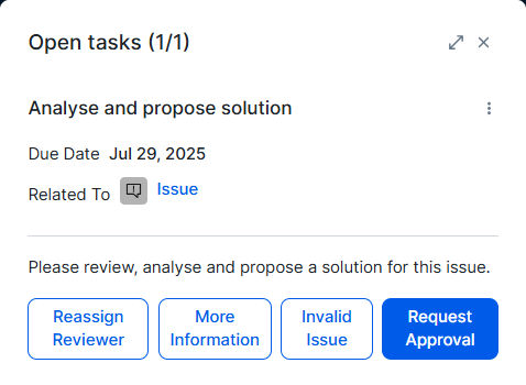 Collibra workflow task in the task bar to analyze and propose a solution for an issue