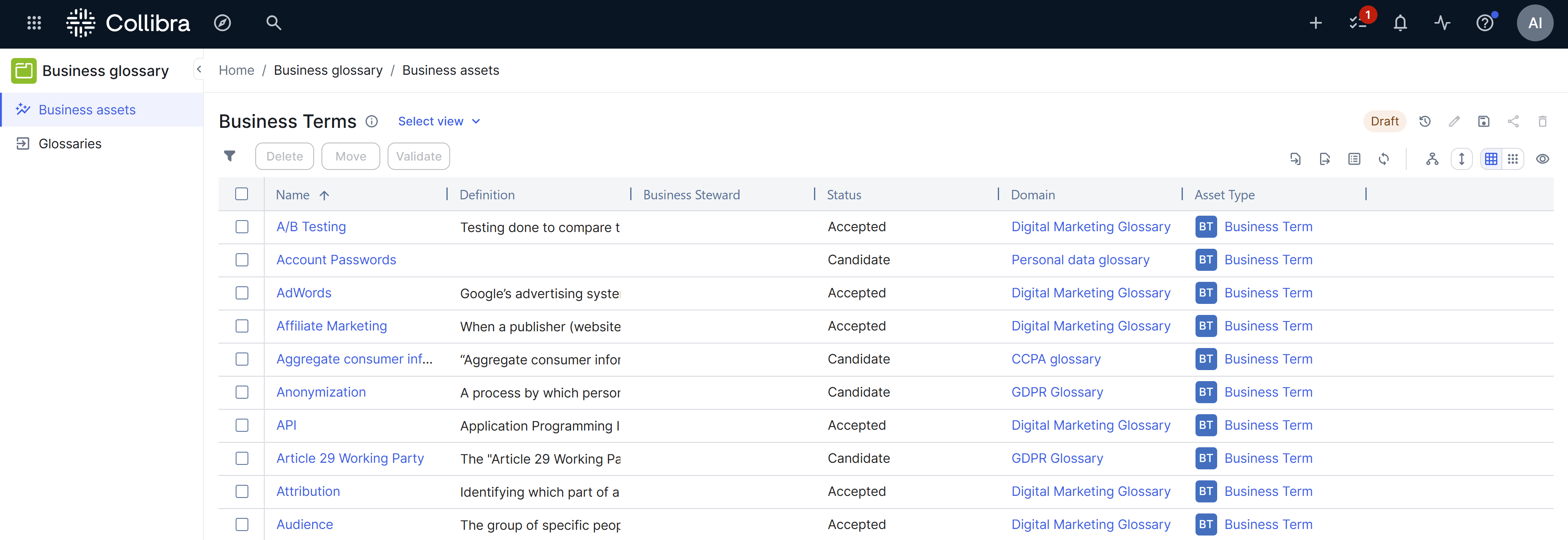 Image of the Business Glossary page