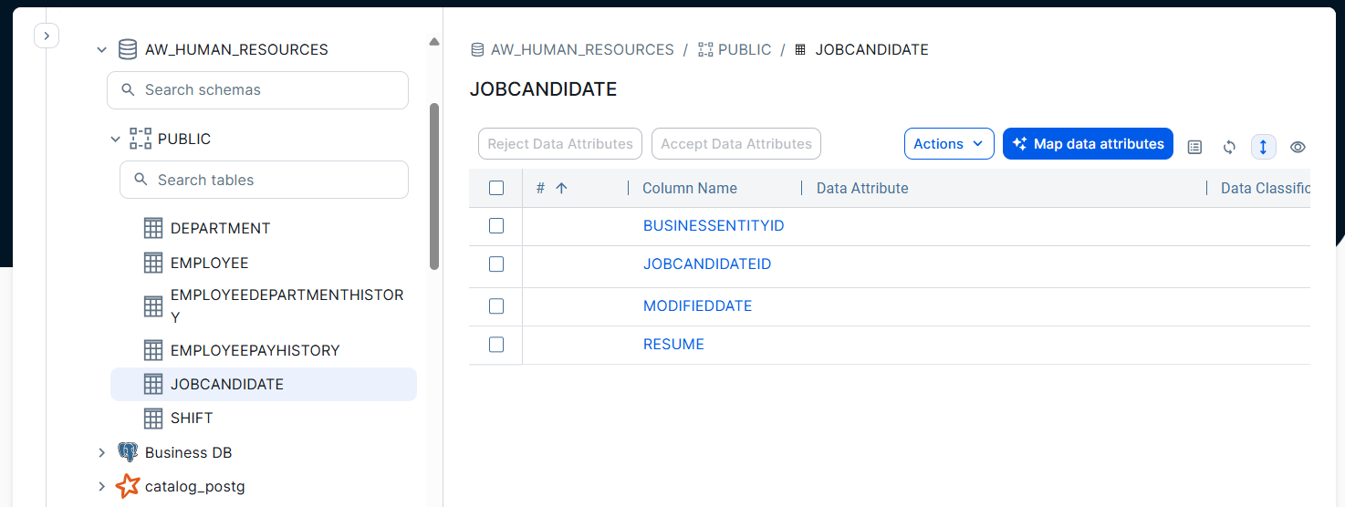 Image of a selected Table asset in the data explorer on the left and the related Columns on the right