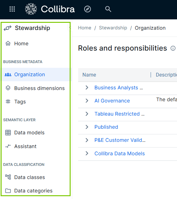 Example of the Stewardship navigation if the Semantic Model Editor Console setting is enabled