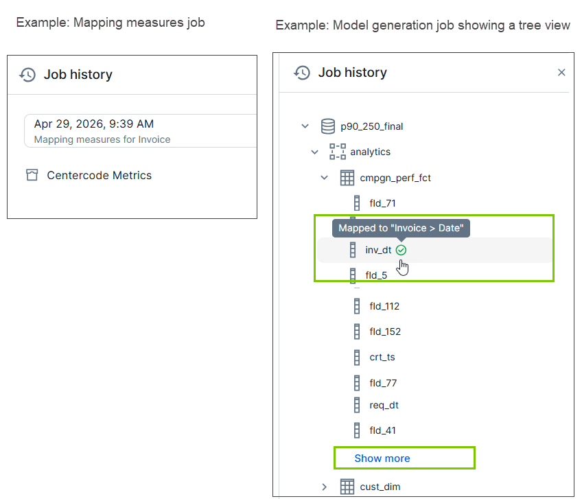 Image of job input data for a Mapping measures job and a Model generation job