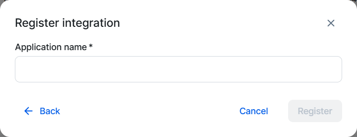 Register an integration application The register integration dialog box with the Application name field.