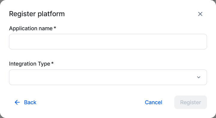 Register a platform application The register platform dialog box with the Application name and Integration Type fields.