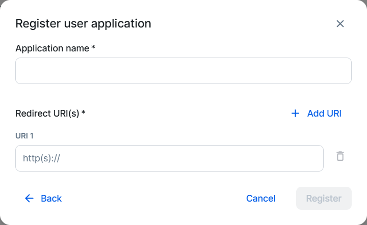 Register a user application The register user application dialog box with the Application name and Redirect URI(s) fields.