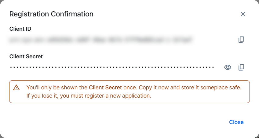 Registration Confirmation The Registration Confirmation dialog box showing the client ID and client secret.