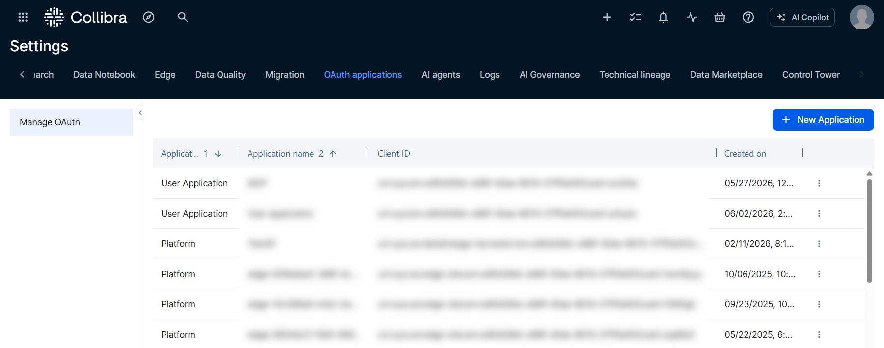 The OAuth Applications settings page showing the list of registered applications.