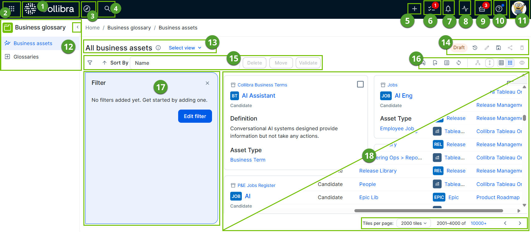 Image of the user interface with numbered highlights