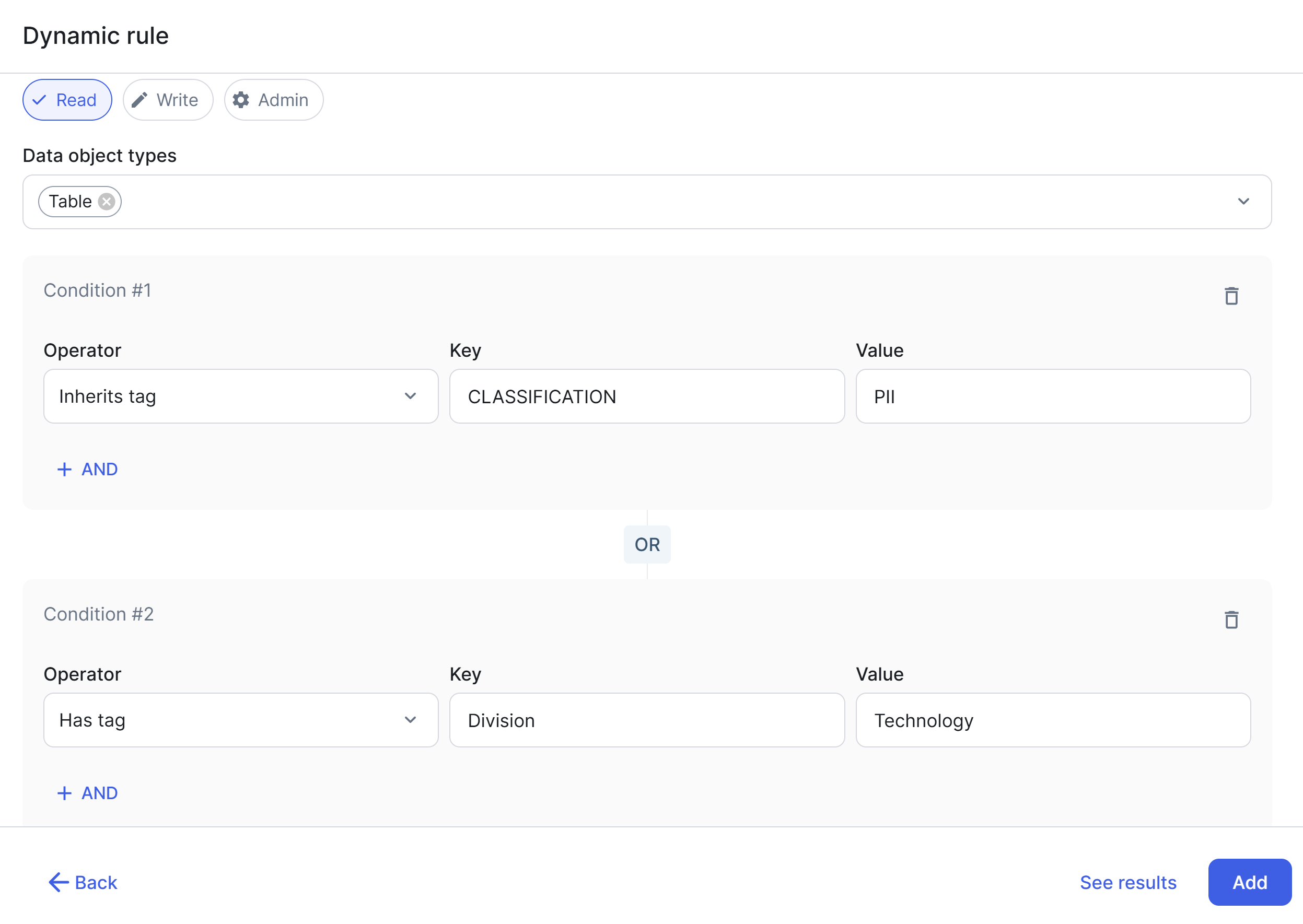 Image of the Dynamic rule dialog box in the What component of a role