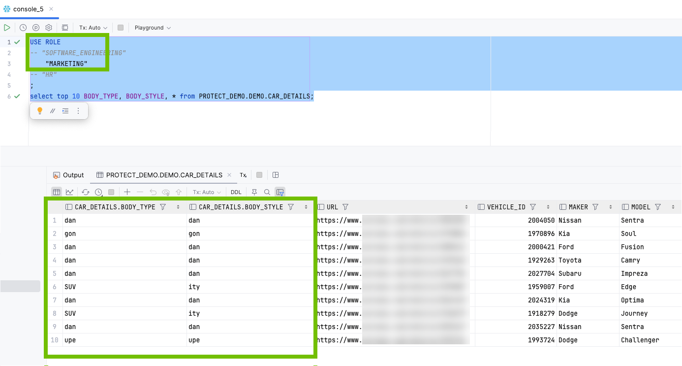 Data shown to the Marketing group in Snowflake Image of the data shown to the Marketing group in Snowflake