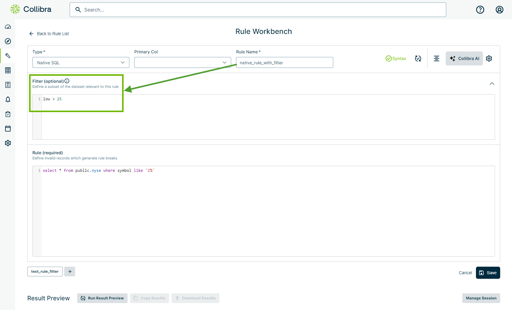 image of a filter query on the rule workbench