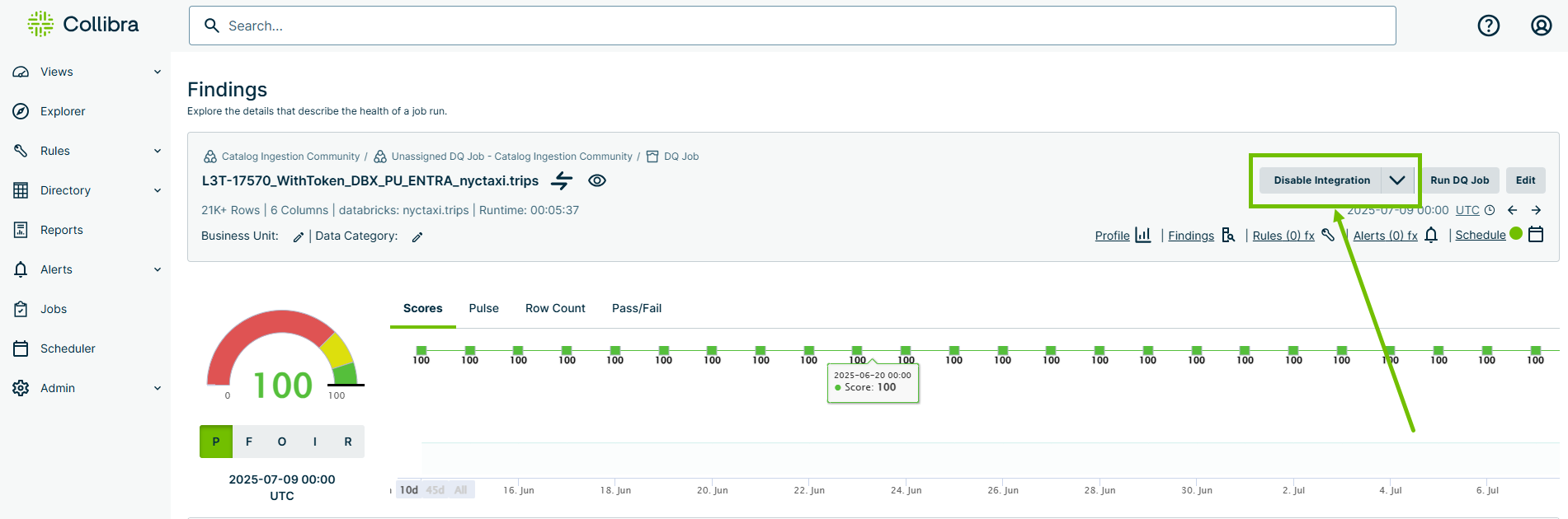 screenshot of disable integration button from the findings page